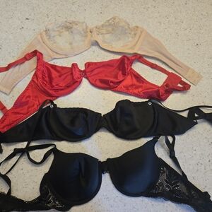 Vintage Satin and Lace Bra Set - Red, Black, Tan